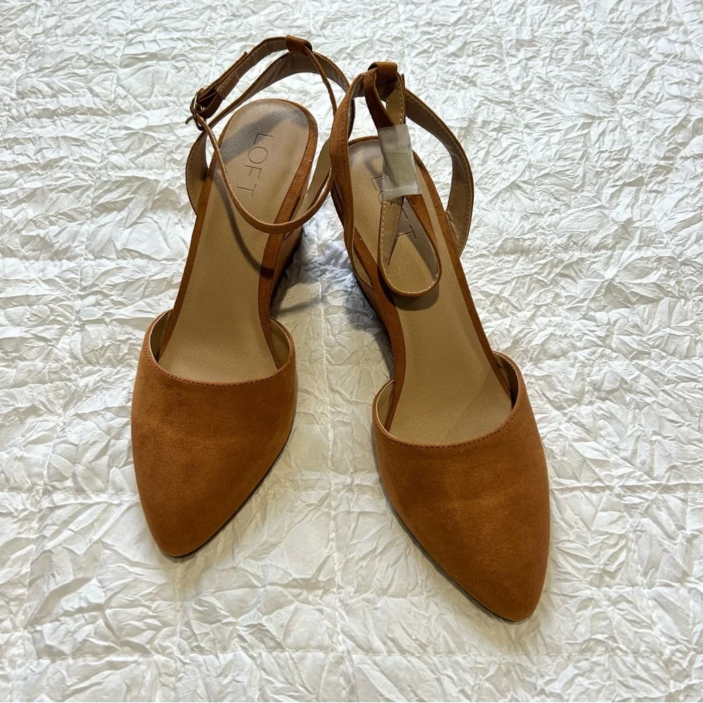 LOFT Cognac Suede Pointed-Toe Wedge Heels